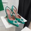 Designer amina muaddi klackar bröllopskor klänning lyxiga sandaler satin hög båge kristall utsmyckad spänne spetsig tå solros sandal