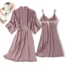 Damen-Nachtwäsche, Sommer, 2 Stück, Nachthemd, Bademantel, Schlafanzug, sexy Damen-Satin-Robe, Kleid-Sets, Spitze, Blumen-Nachthemd, Kimono, Zuhause