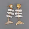 Boucles d'oreilles à tige YYGEM, perle d'eau douce Biwa blanche de culture, pièce de monnaie en forme de poisson pavée en CZ