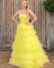 Classy Long Yellow Strapless Tulle Evening Dresses Sleeveless A Line Tiered Floor Length Custom Made for Women Party Gowns