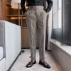 Men's Pants Long Li Mid-high Waist Slim-fit Plaid Trousers Light Luxury Wide Belt Slightly Small Straight Casual Trend