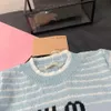 Miu Korean Brand Designer Womens Short Sleeve Embroidery Letter Tee Slim Fit Sexy Top Striped Knitted Tshirt