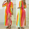 Casual Dresses Women Maxi Dress ColorBlock Plaid Print Single-Breasted V Neck Split Hem Long Sleeve Lapel Ankle Length Bell Shirt