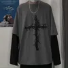 Vintage cruz impressão camiseta masculina hip-pop juventude manga longa tshirt escuro academia outwear t moda harajuku falso 2 peças 240122