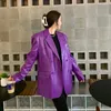 Женские костюмы Фиолетовый крокодиловый искусственный кожаный пиджак Свободная повседневная двубортная уличная одежда Модный воротник с зубчатым воротником и длинным рукавом