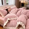 Winter Warm Coral Velvet Bedding Set Princess Style Plush Quilt Cover Bed Sheet Pillowcase 4pcs Luxury Double Duvet Cover Set 240118