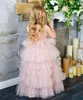 Girl Dresses Simple Pink Layered Flower Dress For Wedding Sleeveless Tulle Puffy Princess First Communion Party Dream Kids Gift