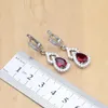 Set Gioielli in argento sterling 925 con goccia d'acqua Set di gioielli in pietra rossa CZ Orecchini da donna/Pendente/Collana/Anelli aperti/Braccialetto