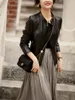 Women's Leather Spring Standing Collar Genuine Jacket For Fashionable Slim Fit And Slimming Sheepskin Top