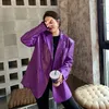 Женские костюмы Фиолетовый крокодиловый искусственный кожаный пиджак Свободная повседневная двубортная уличная одежда Модный воротник с зубчатым воротником и длинным рукавом