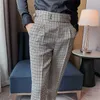 Men's Pants Long Li Mid-high Waist Slim-fit Plaid Trousers Light Luxury Wide Belt Slightly Small Straight Casual Trend