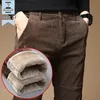 2023 Winter Fleece Warm Corduroy Pants Men Business Fashion Slim Fit Stretch Thicken Gray Green Fluff Casual Trousers Male y240122