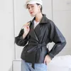 Spring Sheepskin Leather Coat Women's Casual Jacket Belt Shirt Jackets Lapel Blazer Topps S M L Black Outerwear Overcoat