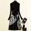 High Quality Autumn Winter New Knit Embroidery Print Women'S Fashion Party Office Vintage Elegant Black Long Sleeve Midi Dress