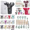 Ensembles de vaisselle Accessoires de cuisine Sile Outils de cuisine Ustensiles de cuisine Cocina Sil Ustensiles de cuisine avec poignées en bois Livraison directe Accueil Dhb1W