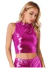 Tanks Femmes Femmes Turtleneck Crop Tank Tops Dames Mode Camis Sans Manches Col Mock Wet Look Faux Cuir Rave Party Clubwear