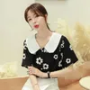 Women's Blouses 2024 Summer Elegant Shirt Female Fashion Style Doll Neck Black Blouse Ladies Flower Print Short Sleeve Top MQ258