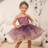 Платья для девочек Фиолетовое платье с цветочным узором для свадьбы Тюлевая аппликация без рукавов длиной до колена Детское бальное платье принцессы для дня рождения и первого причастия