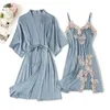 Damen-Nachtwäsche, Sommer, 2 Stück, Nachthemd, Bademantel, Schlafanzug, sexy Damen-Satin-Robe, Kleid-Sets, Spitze, Blumen-Nachthemd, Kimono, Zuhause