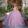 Rosa Prinzessin Quinceanera-Kleider, schulterfrei, mit Spitze, Tüll, floraler Schnürung, Abschlussball, 15. Geburtstag, Party-Kleider