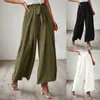 Women's Pants Elegant Women Palazzo Wide Leg Cotton Linen Elastic Waist Drawstring Culottes Trousers Solid Color Loose Pantalones