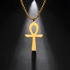 Simple Classic Cross 14k Yellow Gold Necklace Egyptian Ankh Life Symbol Antique Pendant Long Chain Necklaces Jewelry