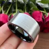 Band 12mm Big Men Black Tungsten Carbide Finger Ring Flat Band Brush Finish Wedding Gift Jewelry Comfort Fit