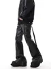 REDDACHIC Black Wax Coated Flare Jeans Homens Stretchy Fitted Matte Texturizado Bootcut Calças Flowy Belt Vintage Y2K Hip Hop Calças 240124