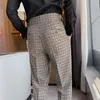 Men's Pants Long Li Mid-high Waist Slim-fit Plaid Trousers Light Luxury Wide Belt Slightly Small Straight Casual Trend