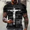 Herr t-shirts kristna herrkläder t skjortor överdimensionerade t-shirt gotiska Jesus Kristus kors 3D-tryck o-hals toppar vintage hiphop kort ärm T240126