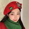 Berets Winter Warm Beret Cap Women's Faux Wool Christmas Hat 3D Reindeer Antler Ears Painter Fashion Cute Flat Top Caps Gift Decor