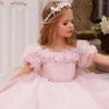 Girl Dresses Light Pink Flower Dress For Wedding Tulle 3d Applique Beading Fluffy Floor Length Child First Communion Ball Gowns