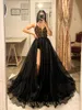 Sexy Black Prom Dress A Line Split Illusion V Neck Evening Elegant Glitter Gold Pools Top feestjurken voor speciale OCNS -beloning