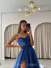 Royal blue prom dress a line high split illusion evening dresses elegant glitter bone bodice beading appliques party dresses for special occasions promdress