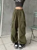 Calças femininas casuais baggy carga americano vintage cintura alta cordão perna larga calças streetwear moletom