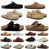 Designer tamancos chinelos bostons sandálias homens mulheres cortiça plana chinelo camurça couro slide flip flops fivela cinta de algodão plataforma slides