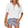 Women's T Shirts Casual V-Neck Rolled Button Short Sleeve T-Shirt Top Korean Reviews Many Clothes Official Store Ropa Mujer Juvenil