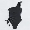 Dames Badmode Ruche Een Schouder Badpak Dames Zwart Plooi Lace Up Buikcontrole Stuk Vakantie Badpak Monokini 2024