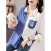 Kvinnors blusar S-2XL Womens Shirts Ladies Blue Spring Summer Long Sleeve Single Breasted Turn-Down Collar Patchwork Female Top Clothes