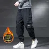 Männer Hosen Männer Winter Cargo Elastische Taille Kordelzug Multi Taschen Jogger Hosen Einfarbig Dicke Fleece Futter Outdoor Trou