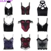 Goth Cross Print Lace Bodycon Crop Tops Camis Sexy Y2K Aesthetic Black Red Basic Corset Tank Top Summer Clothes for Women Girls 240117