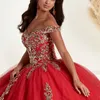 Red Off the Shoulder Ball Gown Quinceanera Dresses Gold Floral Appliques Lace Corset Vestidos De 15 Anos