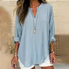 Blouses Femmes Femmes Loose Cut Top Lin Tissu Vintage Inspiré Col V Blouse Doux Respirant Élégant Mi-long Pour Le Printemps