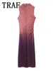 Casual Dresses Tulle Print Long For Women 2024 Vintage Mesh Bodycon Dress Ruched Sleeveless Midi Elegant Party