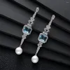 Boucles d'oreilles pendantes géométriques de luxe, longues gouttes d'eau scintillantes, perles carrées, pour femmes, mariage, bijoux de mariée de dubaï, E1127