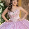 Pink Princess Quinceanera Dresses Off Shoulder Applique Lace Tull Floral Lace-up Prom vestido de 15 verde Birthday Party Gowns