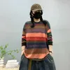 Katoenen pullover-hoodie met lus 2024 lente nieuwe kleurblokken retro damestop met ronde hals en lange mouwen