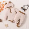 Conjuntos de roupas nascidos bebês meninas roupas sólidas de malha com capuz bodysuit calças 3pcs meninos 3 6 12 18 meses