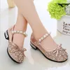 Summer Flats Girls Pearls Mary Jane Shoes Kids Bling Princess Glitter Shoes Children Bowknot Sole Sandals Wedding Dance Shoes 240122