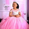 African Pink Flower Girl Dresses Sheer Neck Appliqued Lace Tiered Bow Tulle Flowergirl Dresses Princess Queen Girls Birthday Party Dress for Marriage F061